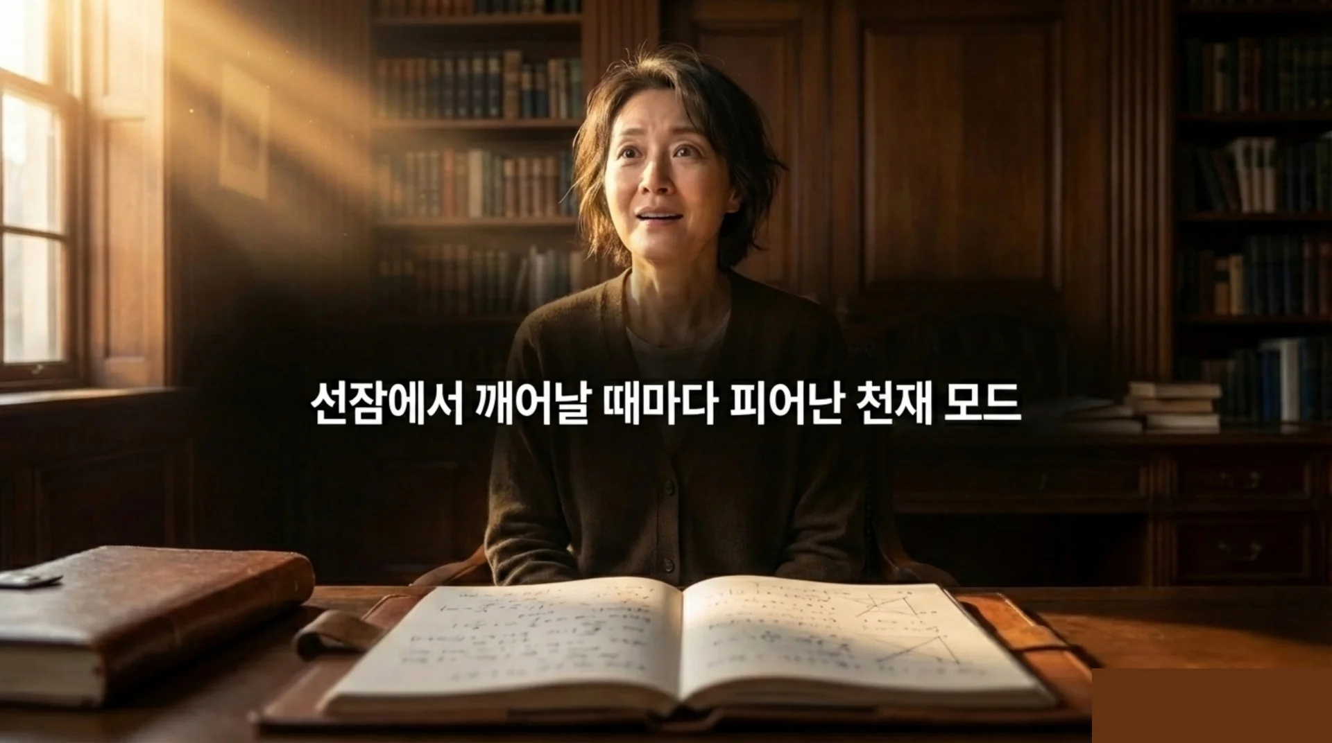 햇살이 쏟아지는 서재에서 펼쳐진 노트 앞에 앉아 위를 바라보는 중년 여성. '선잠에서 깨어날 때마다 피어난 천재 모드' 문구