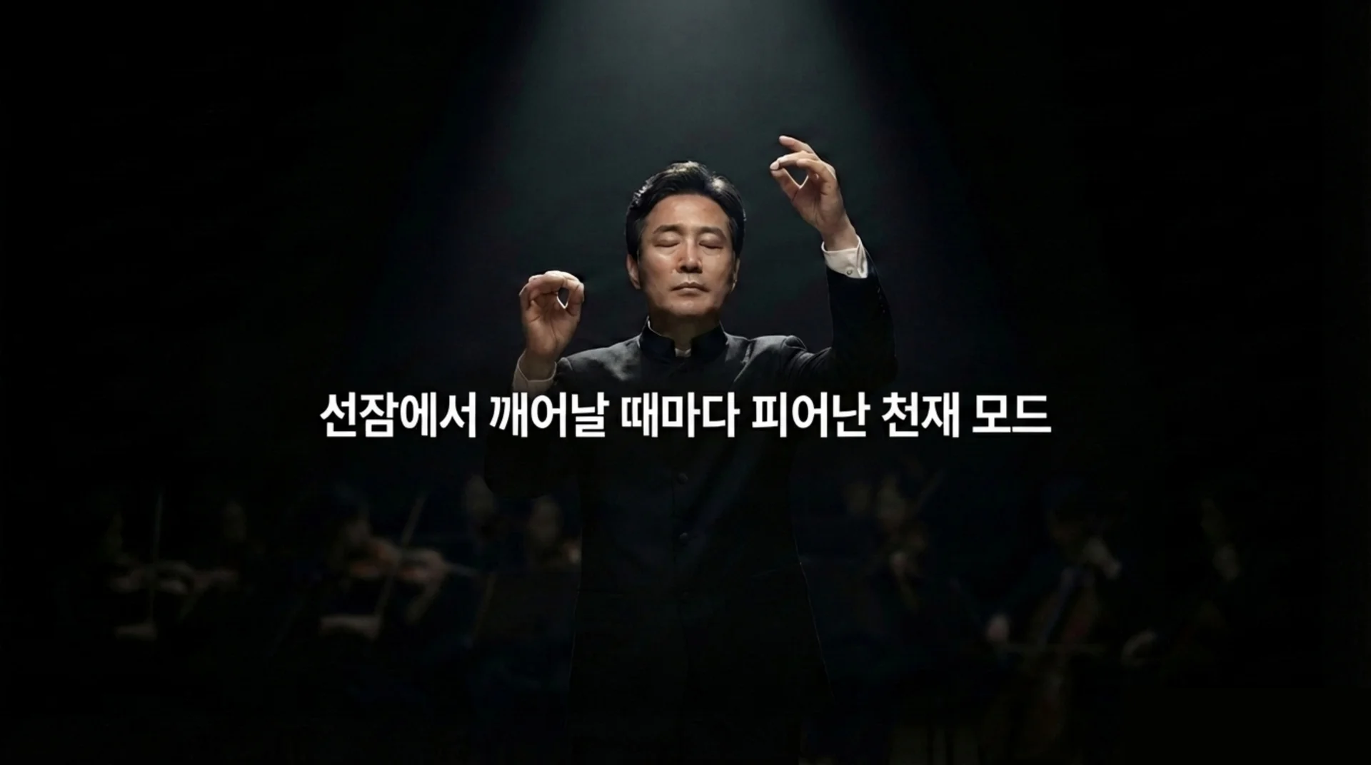 스포트라이트를 받으며 오케스트라 앞에서 두 손을 들고 지휘하는 지휘자. '선잠에서 깨어날 때마다 피어난 천재 모드' 문구