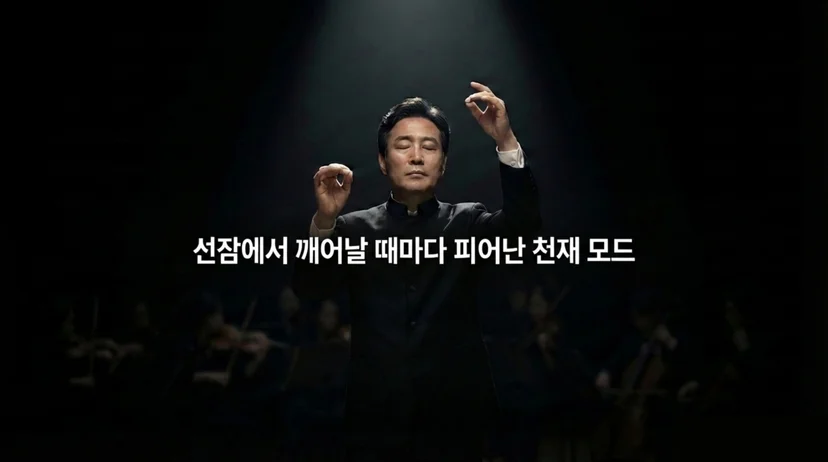 스포트라이트를 받으며 오케스트라 앞에서 두 손을 들고 지휘하는 지휘자. '선잠에서 깨어날 때마다 피어난 천재 모드' 문구