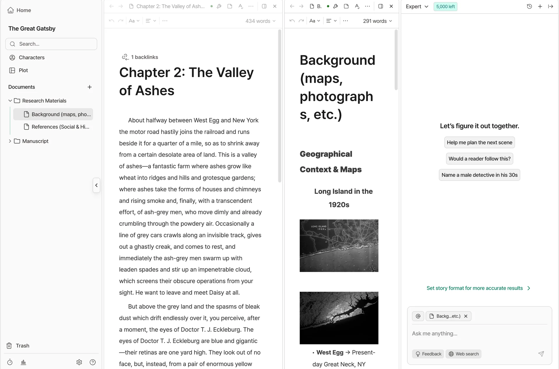 Screenshot of Novela, an AI writing tool for fiction, showing a story drafting workspace with research materials, manuscript chapters, and a built-in storytelling AI assistant. The interface displays a novel project with organized character, plot, and document folders on the left, an open chapter draft and reference notes in the center, and AI prompts for scene planning, story clarity, and character creation on the right. This image highlights Novela’s structured writing environment for novel writing, story development, and fiction-focused AI assistance.