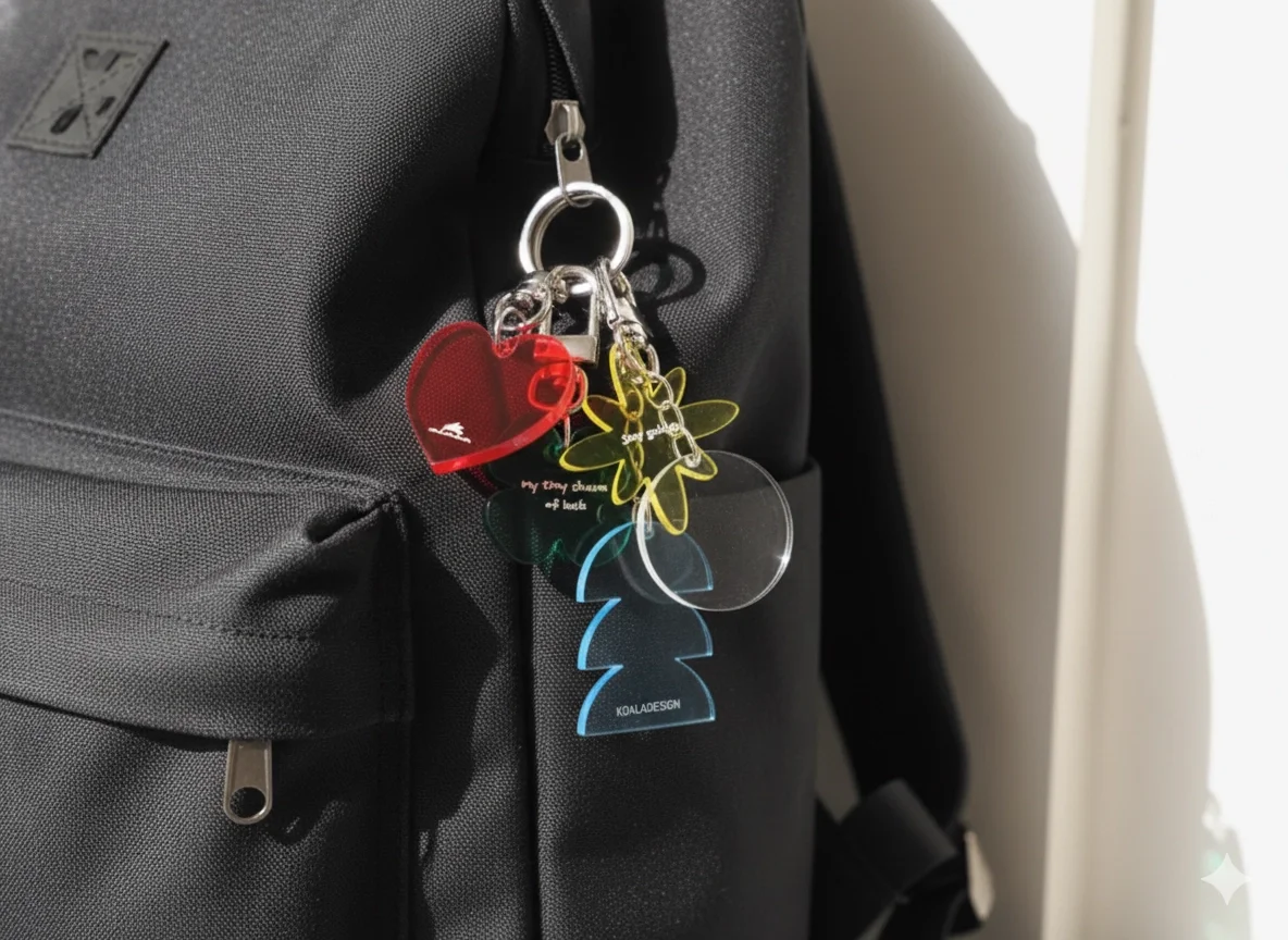 가방에 달린 아크릴 키링의 모습