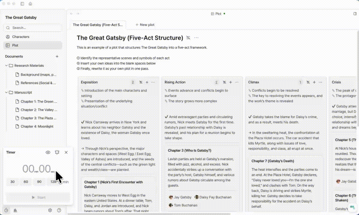 Novela writing app showing plot structure and manuscript organization with split-screen view