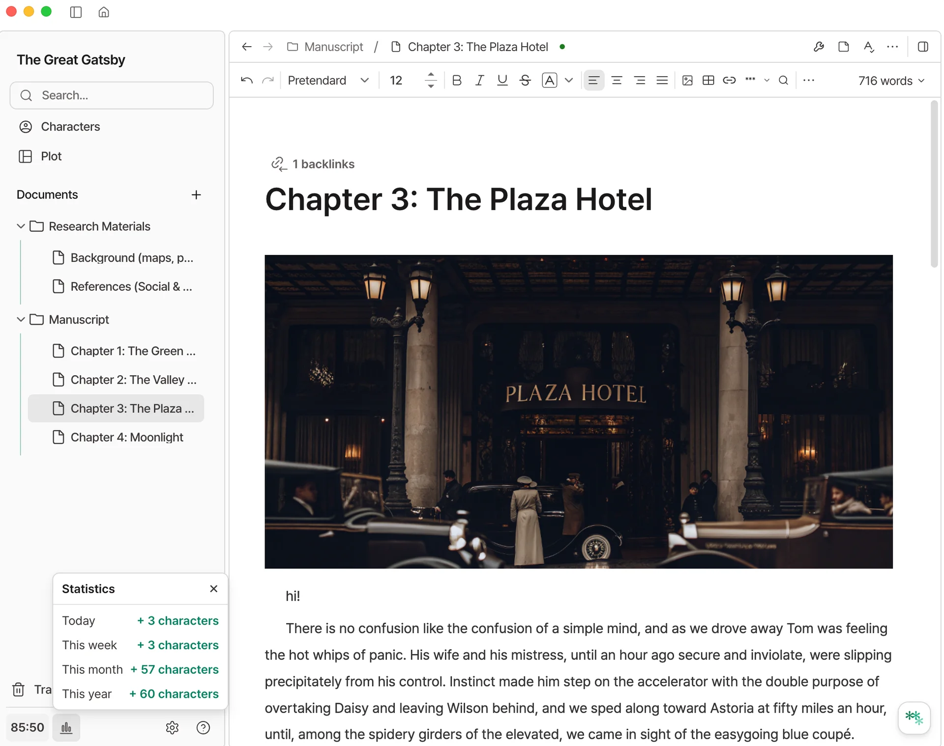 Novela writing app displaying real-time word count racker and auto-save feature during fiction writing