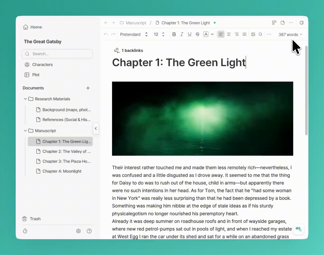 Novela split-screen view with manuscript on left and plot outline on righ for distraction-free writing