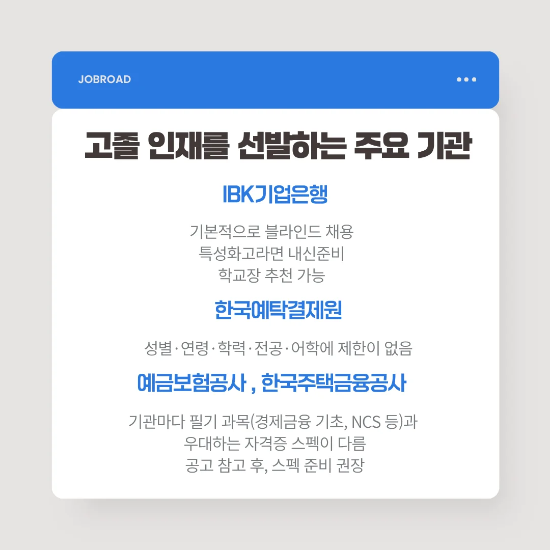 매년 고졸 인재를 선발하는 주요 금융공기업