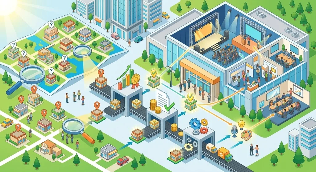 왼쪽의 지역 지도에서 돋보기를 통해 잠재적인 업체들을 찾고, 중앙의 검증 프로세스(실적 확인, 재무 상태, 전문 분야 평가 등)를 거쳐 엄선된 파트너들이 오른쪽의 대형 행사장에서 각자의 역할을 수행하며 행사를 완성해가는 모습을 담았습니다.