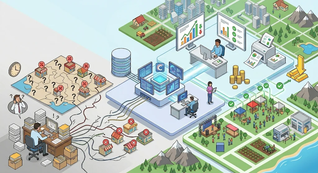중앙의 디지털 전환 프로세스를 거쳐 위 오른쪽은 씨마켓플레이스 도입 이후의 성과를 보여줍니다. 데이터 기반 입찰로 엄선된 지역 업체들이 자동화된 시스템을 통해 빠르고 명확하게 검증되며, 결과적으로 17.5% 예산 절감을 의미하는 동전 더미와 함께 지역 공동체 축제, 로컬 푸드 마켓 등 다양하고 성공적인 지역 경제 활성화 프로젝트로 이어지는 모습을 담았습니다.