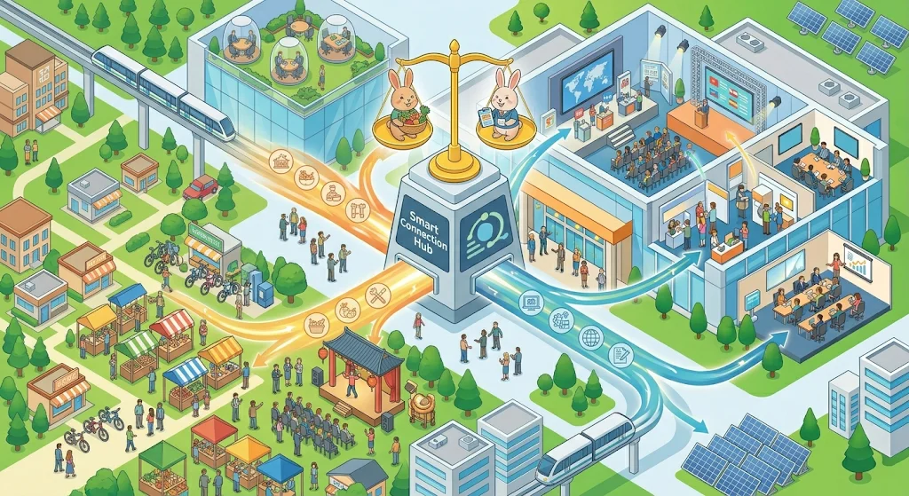 새로운 이미지는 컨벤션 센터 내부가 아닌, 컨벤션 센터가 지역 사회와 어떻게 통합되는지 보여주는 외부 디오라마입니다. 중앙의 스마트 컨벤션 센터(스마트 연결 허브)를 중심으로, 한 번의 입찰 과정이 어떻게 두 가지 목표를 동시에 달성하는지를 보여줍니다.  왼쪽 아래의 스마트 연결 터미널에서 '검증된 파트너' 빔이 뿜어져 나오고, 이 빔이 두 갈래로 나뉩니다. 첫 번째 갈래는 오른쪽 아래로 흐르며 소상공인 마켓, 자전거 대여, 전통문화 스탠드 등 지역의 상생과 경제 활성화를 꽃피웁니다. 두 번째 갈래는 오른쪽 위로 솟구쳐 대형 컨벤션 센터의 무대, 조명, 다양한 국제 참관객을 밝히며 MICE 행사의 압도적인 성공을 이끕니다.  마지막으로, 이미지 상단 중앙의 Apex에는 이 두 가지 성공을 상징하는 perfectly balanced된 저울 위에 두 마리의 행복한 토끼가 자리 잡고 있어 '두 마리 토끼를 모두 잡는 시너지'라는 메시지를 직관적으로 전달합니다. 이전 이미지의 프로세스보다는 최종적인 가치와 성과에 집중했습니다.