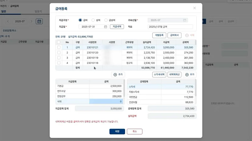 기업의 월간 결산 보고서를 보여주는 ERP 시스템 대시보드 스크린샷. 상단에는 현금 잔액, 외상매출채권, 외상매입채무, 영업이익 등 핵심 재무 지표가 표시되어 있고, 중앙에는 월간 자금 흐름 분석 표와 월별 손익 흐름 막대그래프, 하단에는 12월 매출 현황과 월별 매출 추이 막대그래프가 있다.