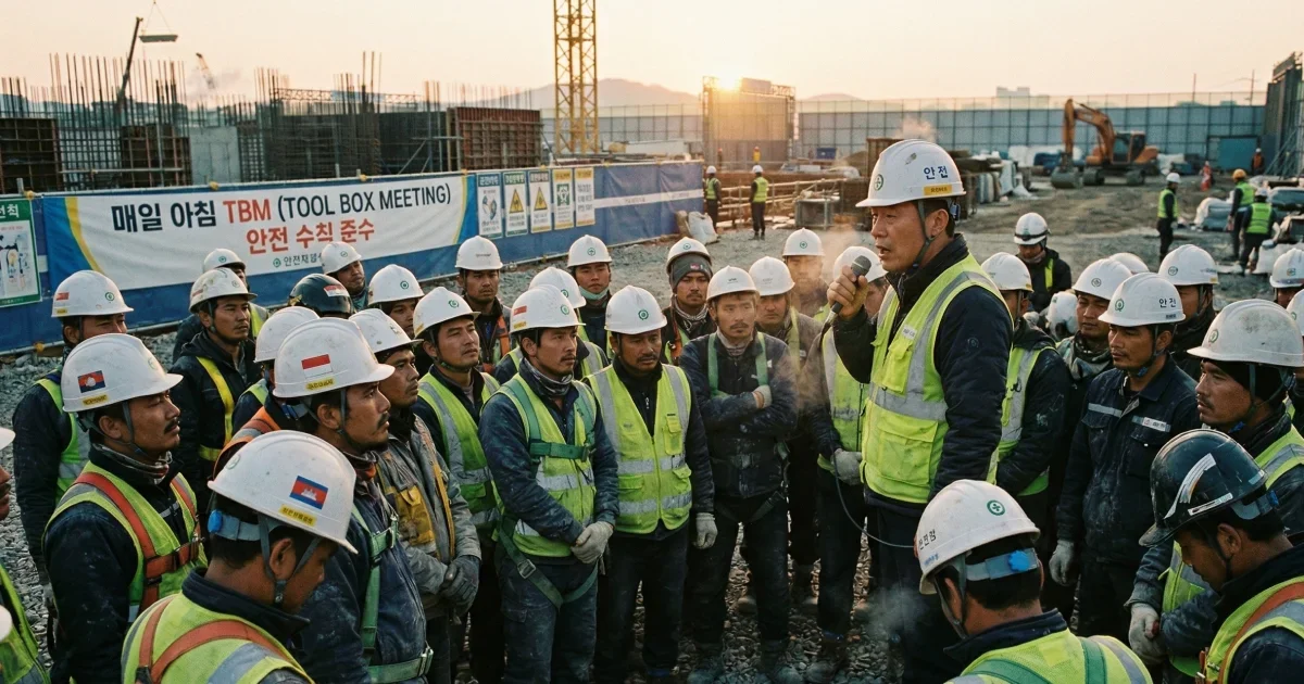 Group of construction workers in safety gear gathered at an outdoor worksite for a morning Tool Box Meeting briefing.