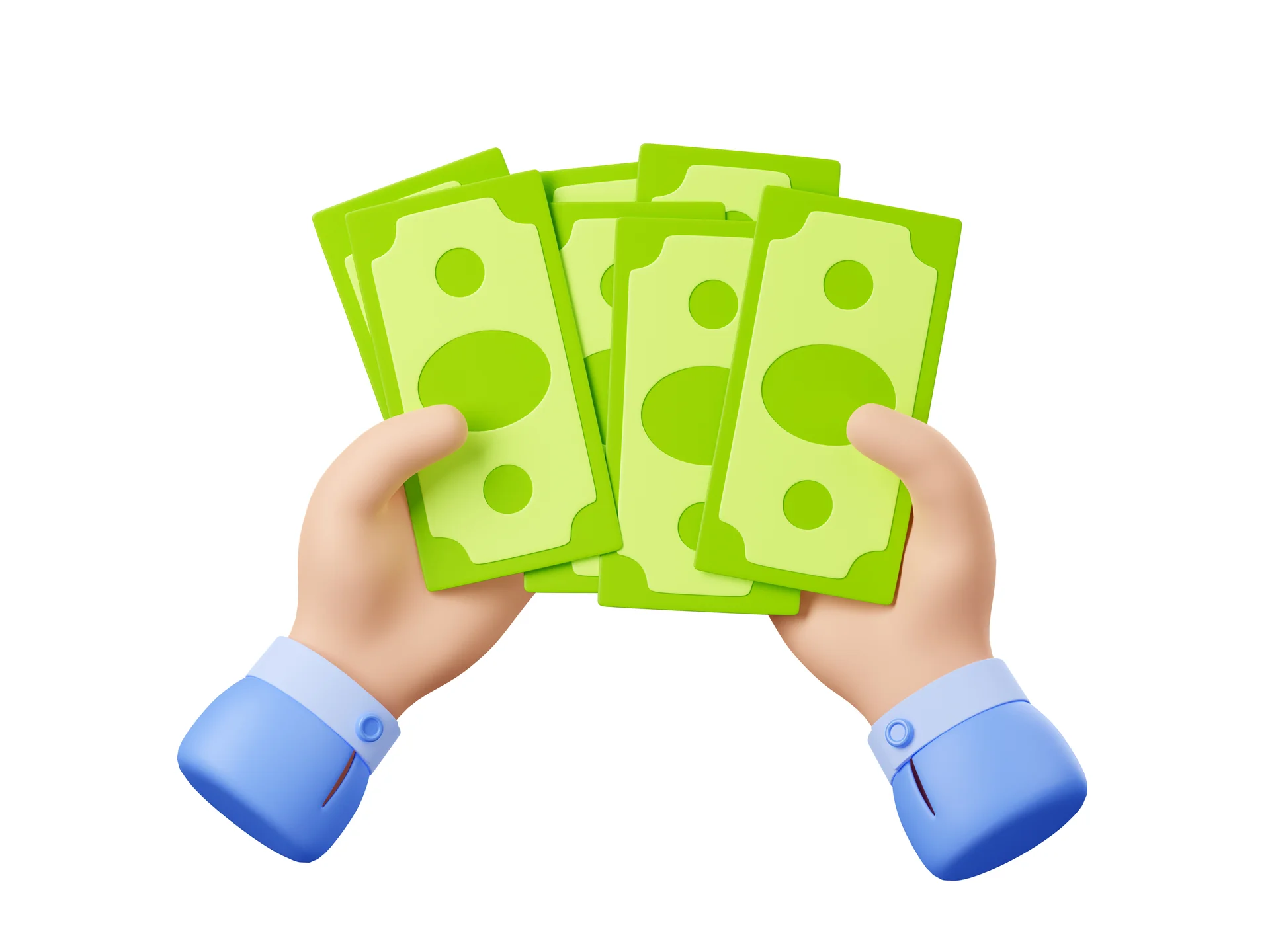 두 손에 들려있는 초록색 지폐(현금) 뭉치 3D 일러스트