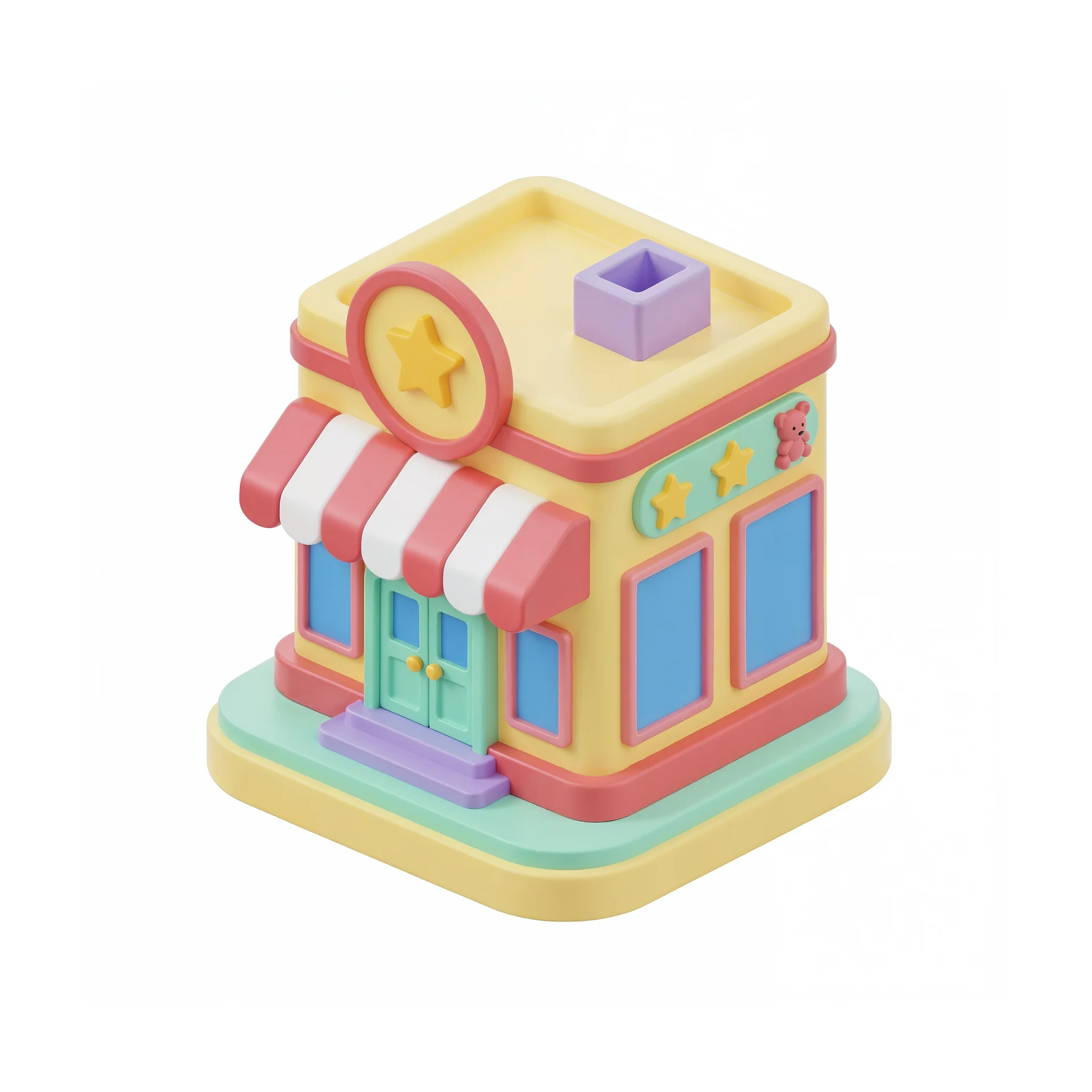 파스텔톤의 노란색과 분홍색 지붕이 있는 아기자기한 3D 상점 건물 모델