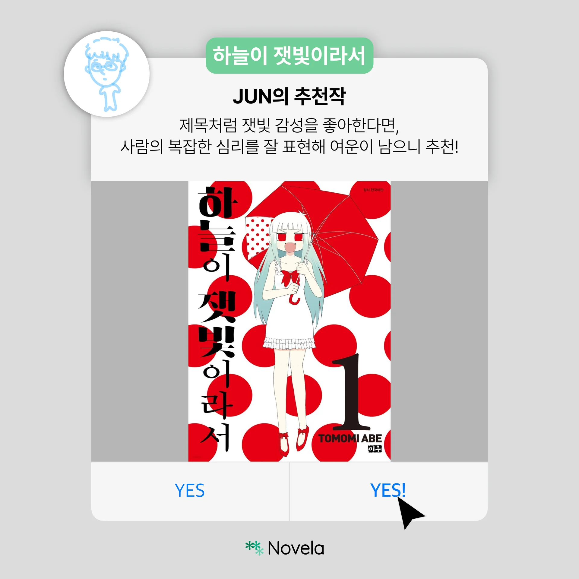 회색 배경 위에 흰색 카드가 놓인 카드뉴스 이미지. 상단 왼쪽에는 하늘색 선으로 그린 인물 캐릭터 프로필 원형 이미지가 있으며, 민트색 라벨에는 “하늘이 잿빛이라서”라고 적혀 있다. 중앙 제목은 “JUN의 추천작”이며, 본문에는 “제목처럼 잿빛 감성을 좋아한다면, 사람의 복잡한 심리를 잘 표현해 여운이 남으니 추천!”이라는 문장이 적혀 있다. 하단 중앙에는 빨간 우산을 든 흰 원피스의 소녀가 그려진 책 표지 이미지가 크게 배치되어 있고, 배경에는 빨간 원형 패턴이 반복된다. 책 제목은 “하늘이 잿빛이라서 1”, 작가는 “TOMOMI ABE”로 표기되어 있다. 맨 아래에는 파란색 “YES”, “YES!” 버튼과 검은 커서 아이콘, 하단 중앙의 Novela 로고가 들어가 있다. 전체적으로 잔잔하고 우울한 정서와 복합적인 심리를 담은 작품 추천 카드뉴스이다.