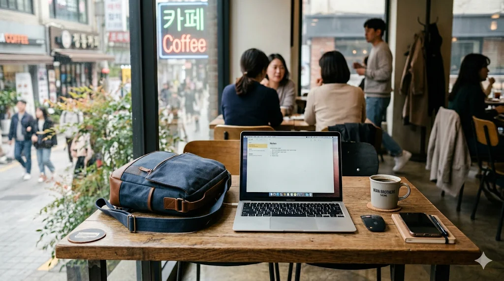 Laptop and bag left unattended on cafe wooden table