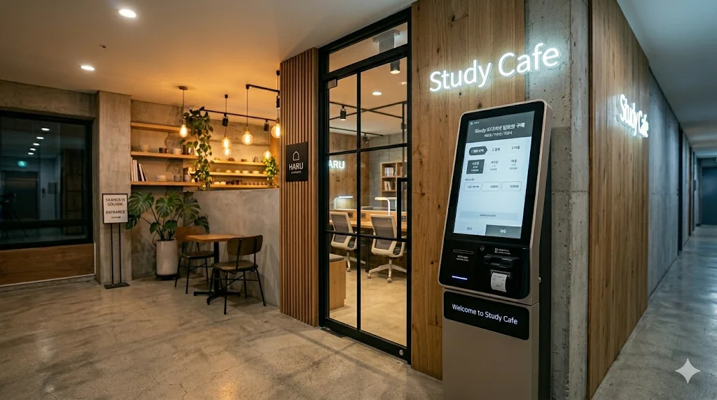 Digital kiosk at the entrance of a Study Cafe