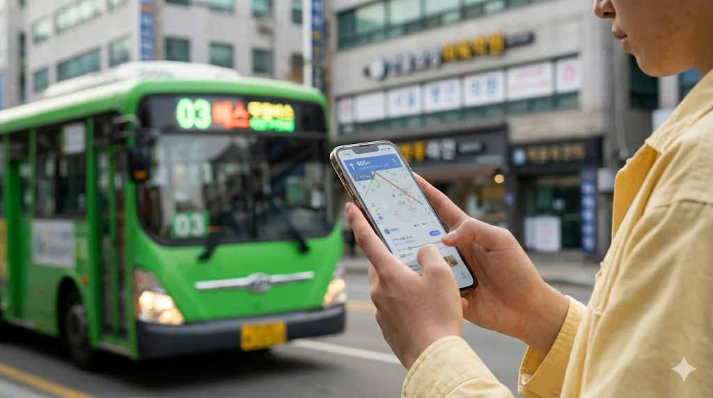Person using Kakao Map app to track Korean bus