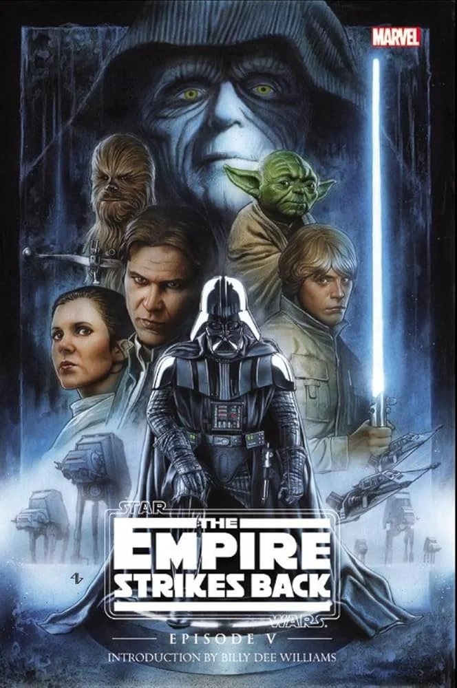 Movie poster for The Empire Strikes Back with Darth Vader and key Star Wars characters, used in an article about cliffhangers, shocking reveals, and narrative recontextualization.