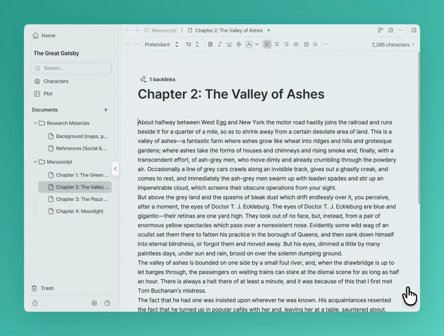 Animated preview of Novela’s writing interface opening AI chat beside a manuscript draft, showing how fiction writers can analyze scene tension, pacing, and cliffhanger chapter break points while drafting.