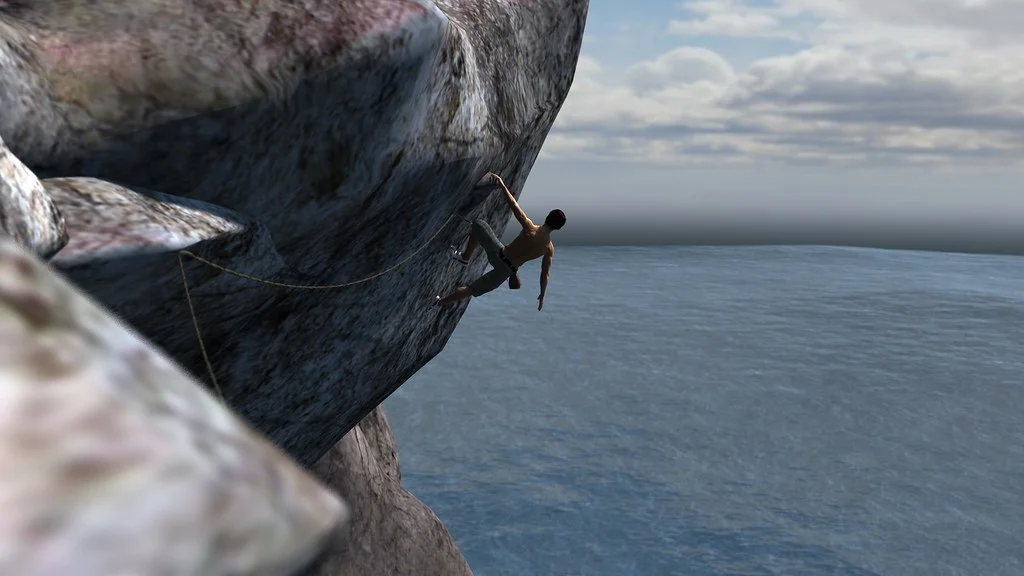 A rock climber hangs from a steep cliff above the ocean under a cloudy sky, visually representing suspense, high stakes, and the unresolved tension of a storytelling cliffhanger in fiction writing.