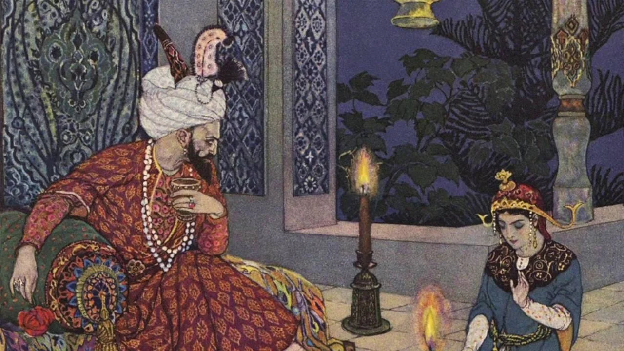 An illustrated scene of Scheherazade telling stories to the sultan from One Thousand and One Nights, representing the historical origins of the cliffhanger in oral storytelling.