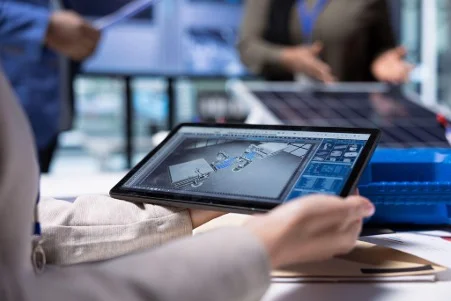 도면 화면을 태블릿으로 보는 사람의 모습 클로즈업된 사진