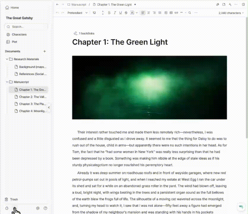 A GIF of the Novela writing editor interface showing a manuscript titled “The Great Gatsby.” The screen displays a chapter page with text, an embedded image, a sidebar for characters, plot, and documents, and a word count indicator in the top right, highlighting Novela’s writing workspace and manuscript organization features.