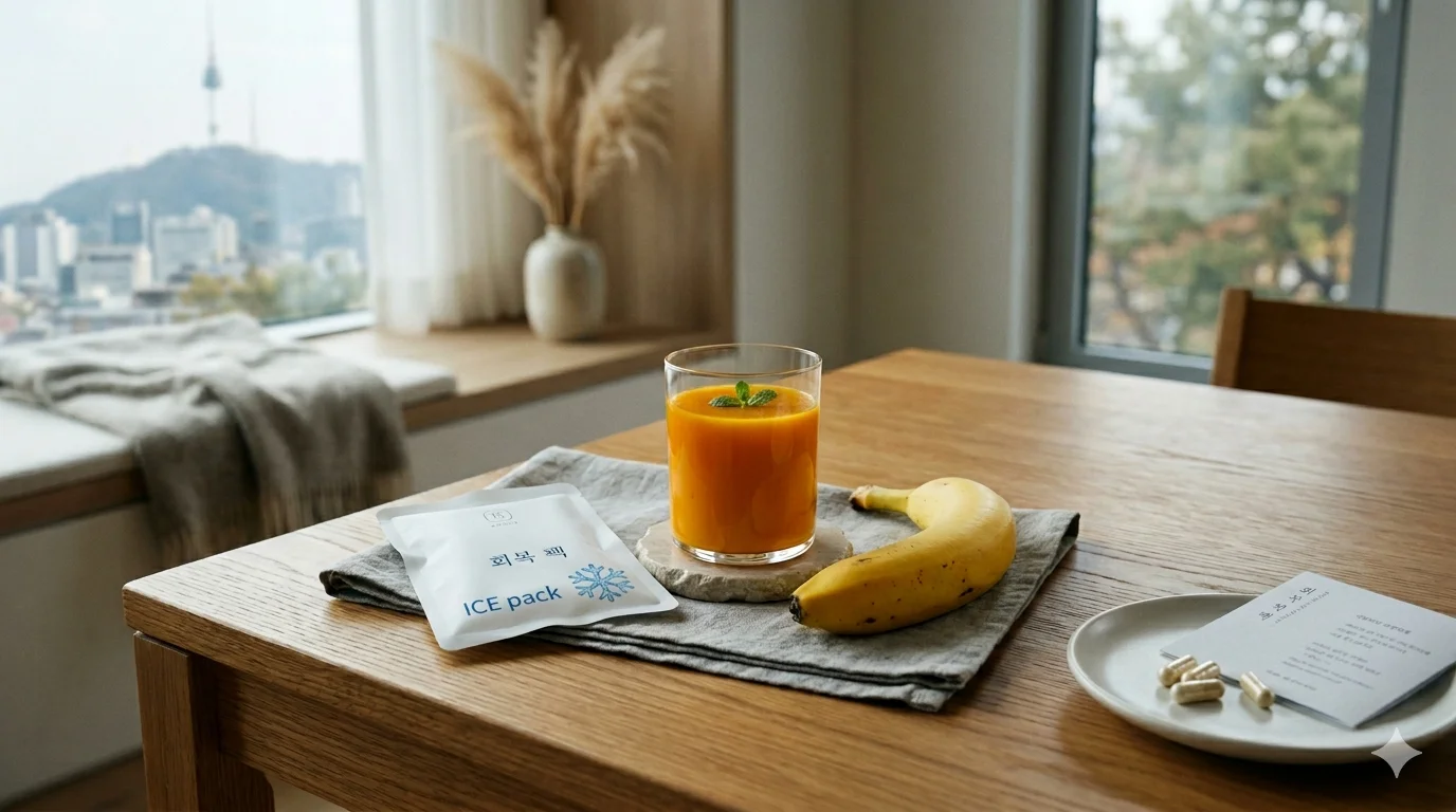 Glass of pumpkin juice, fresh banana, and ice pack