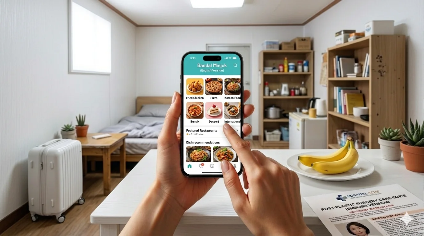 Hand selecting healthy meals on Korean delivery app