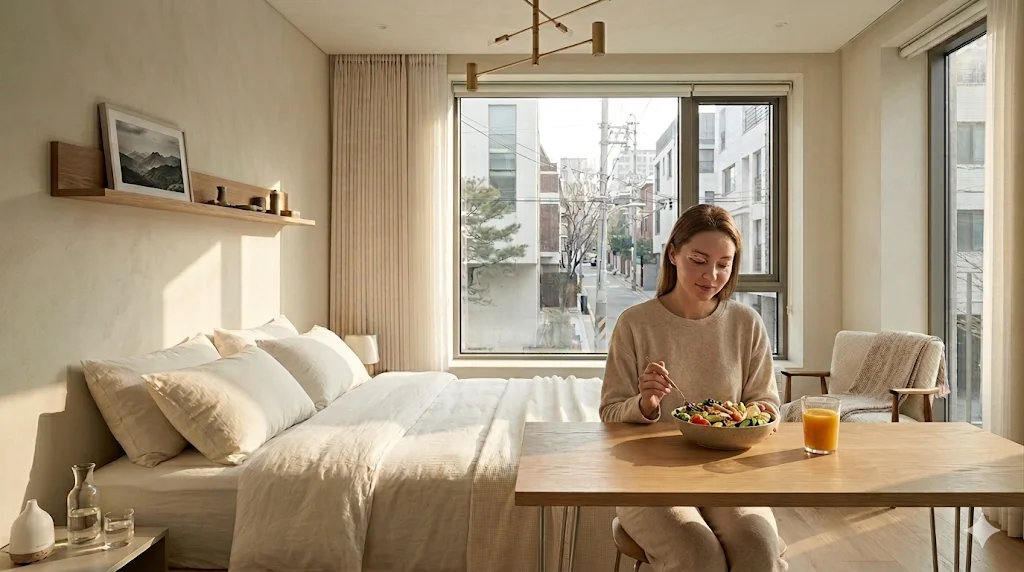 Woman eating salad and pumpkin juice at a sunny bedroom table