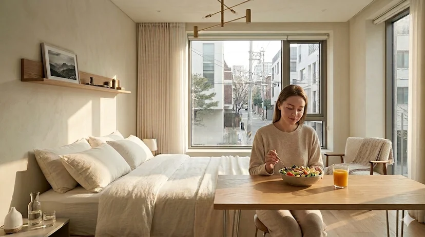 Woman eating salad and pumpkin juice at a sunny bedroom table
