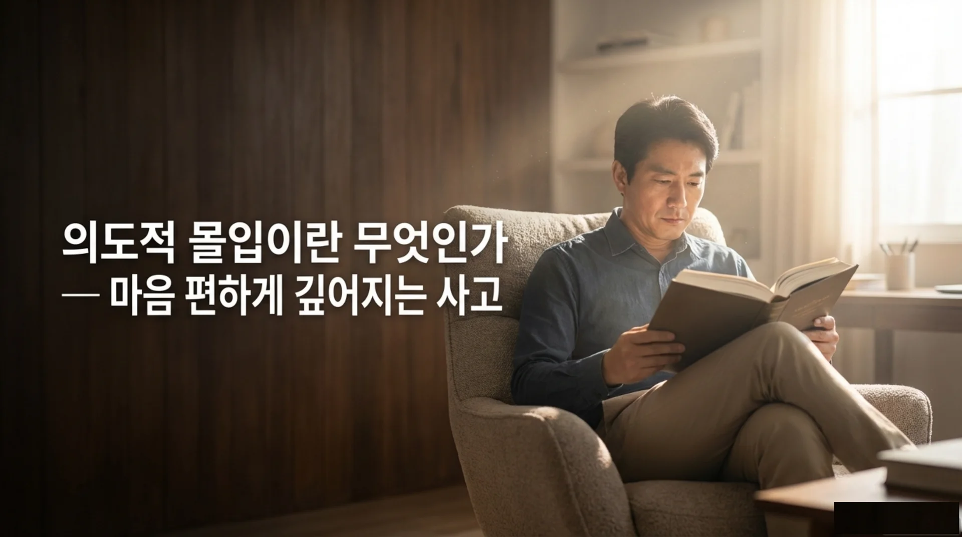 따뜻한 햇살이 비치는 거실 안락의자에 앉아 책을 펼쳐 들고 차분히 읽고 있는 남성