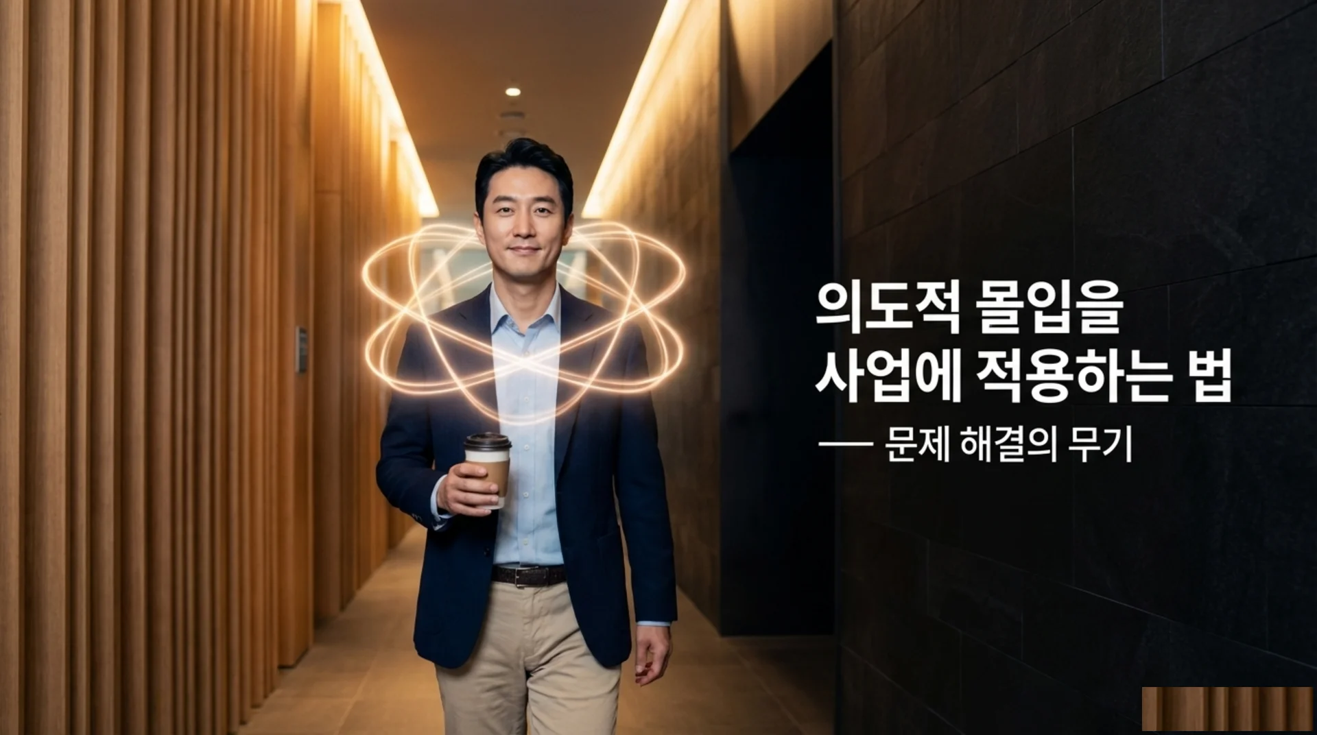 모던한 사무실 복도에서 커피잔을 들고 걸어 나오는 남성, 그의 주변에 빛나는 원자 궤도 모양의 황금빛 곡선이 떠 있는 모습