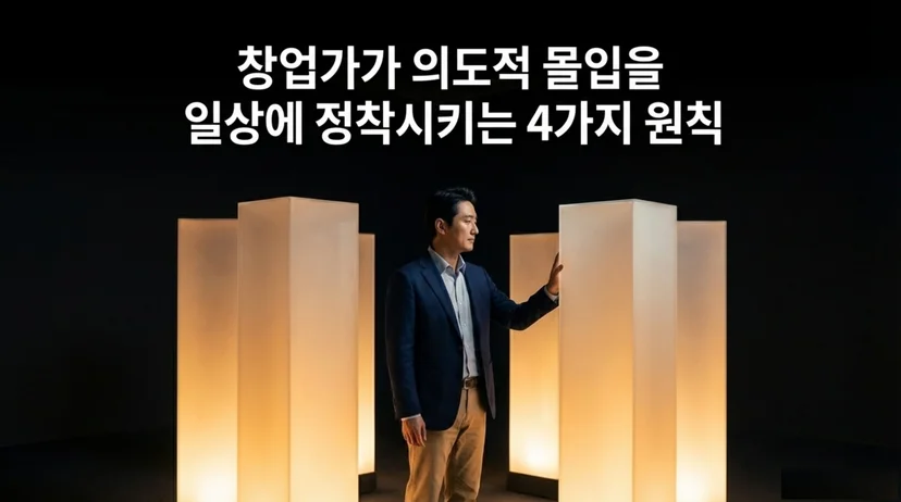 어두운 공간에 빛나는 4개의 사각 기둥이 세워져 있고, 그 사이에 서서 한 기둥에 손을 얹고 있는 정장 차림의 남성