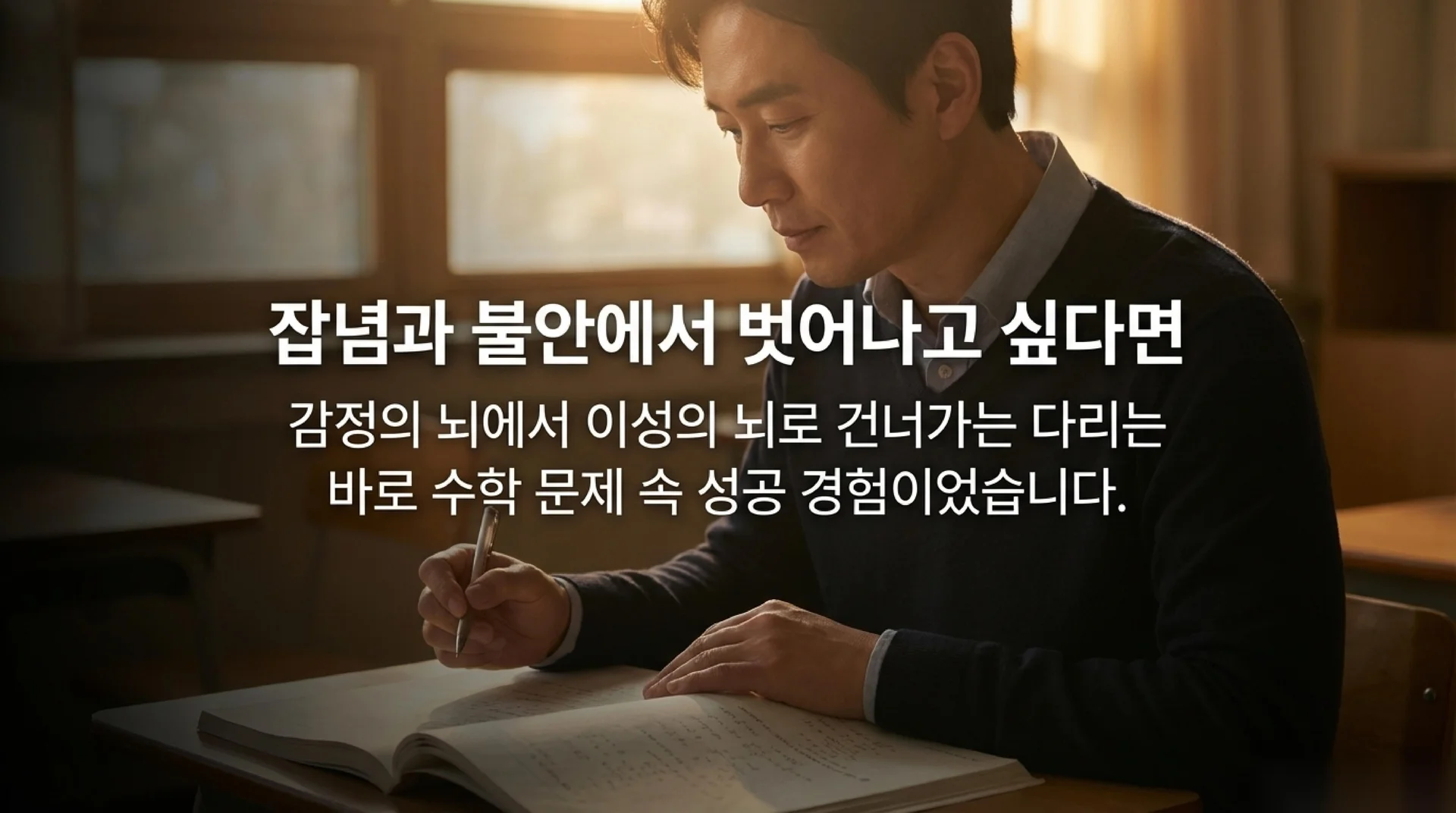 교실 책상 앞에서 펜을 들고 노트에 수학 문제를 풀고 있는 40대 한국인 남성 교사. 따뜻한 석양빛이 창으로 들어옴. 헤드라인 "잡념과 불안에서 벗어나고 싶다면"