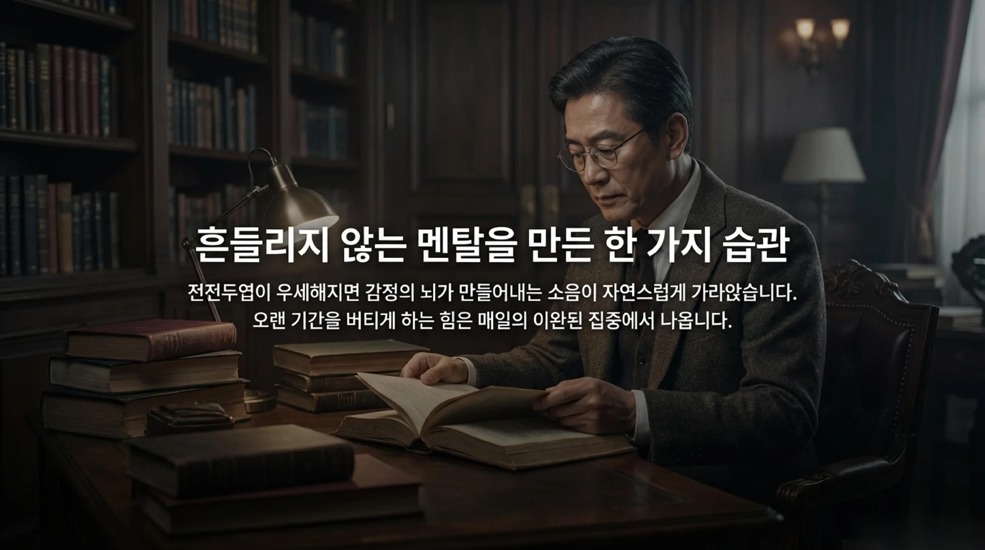 고풍스러운 서재에서 램프 아래 오래된 책을 펼쳐놓고 독서하는 안경 쓴 50대 한국인 남성. 헤드라인 "흔들리지 않는 멘탈을 만든 한 가지 습관"