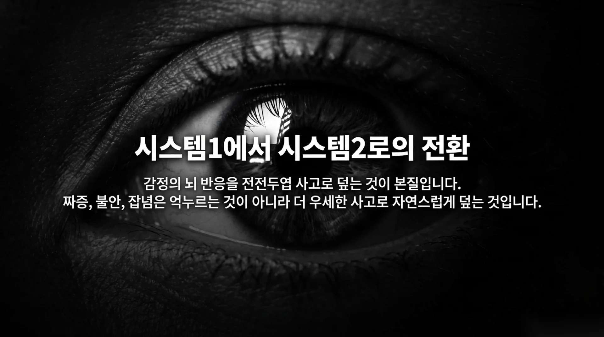 어두운 배경 속 사람의 눈 클로즈업. 눈동자에 희미한 빛이 반사됨. 헤드라인 "시스템1에서 시스템2로의 전환"