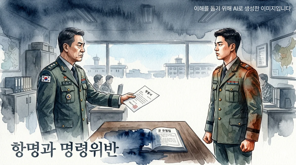 군 사무실에서 상급자가 서류를 내밀고 하급자가 정면으로 맞서는 대치 장면, 책상 위 펼쳐진 규정집