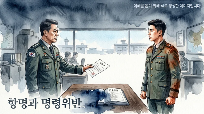 군 사무실에서 상급자가 서류를 내밀고 하급자가 정면으로 맞서는 대치 장면, 책상 위 펼쳐진 규정집