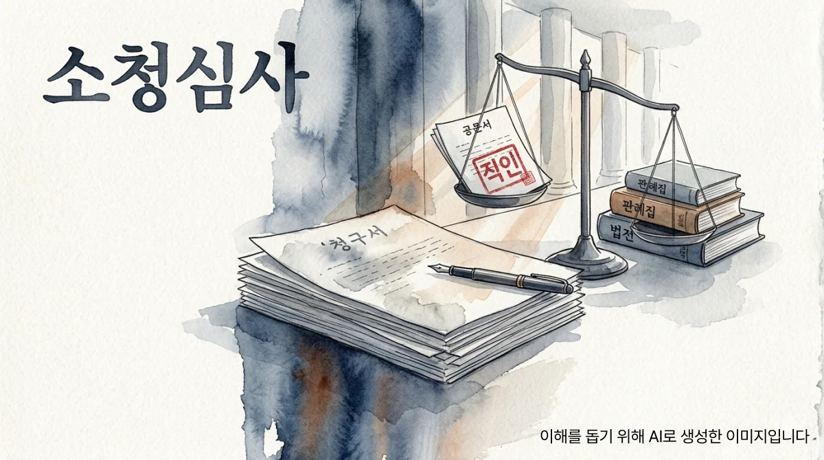 소청심사 청구서류와 법전이 놓인 천칭 저울, 관공서 복도를 배경으로 한 수채화 일러스트