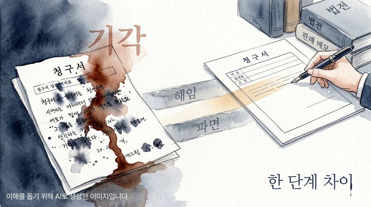 잉크가 번진 서류와 정돈된 서류가 나란히 놓이고, 그 사이에 파면과 해임이 적힌 계단이 암시된 수채화 일러스트