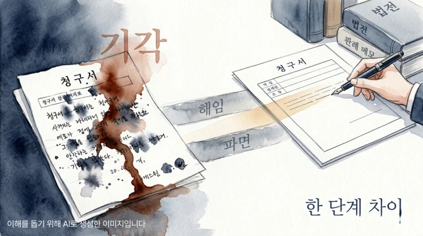잉크가 번진 서류와 정돈된 서류가 나란히 놓이고, 그 사이에 파면과 해임이 적힌 계단이 암시된 수채화 일러스트