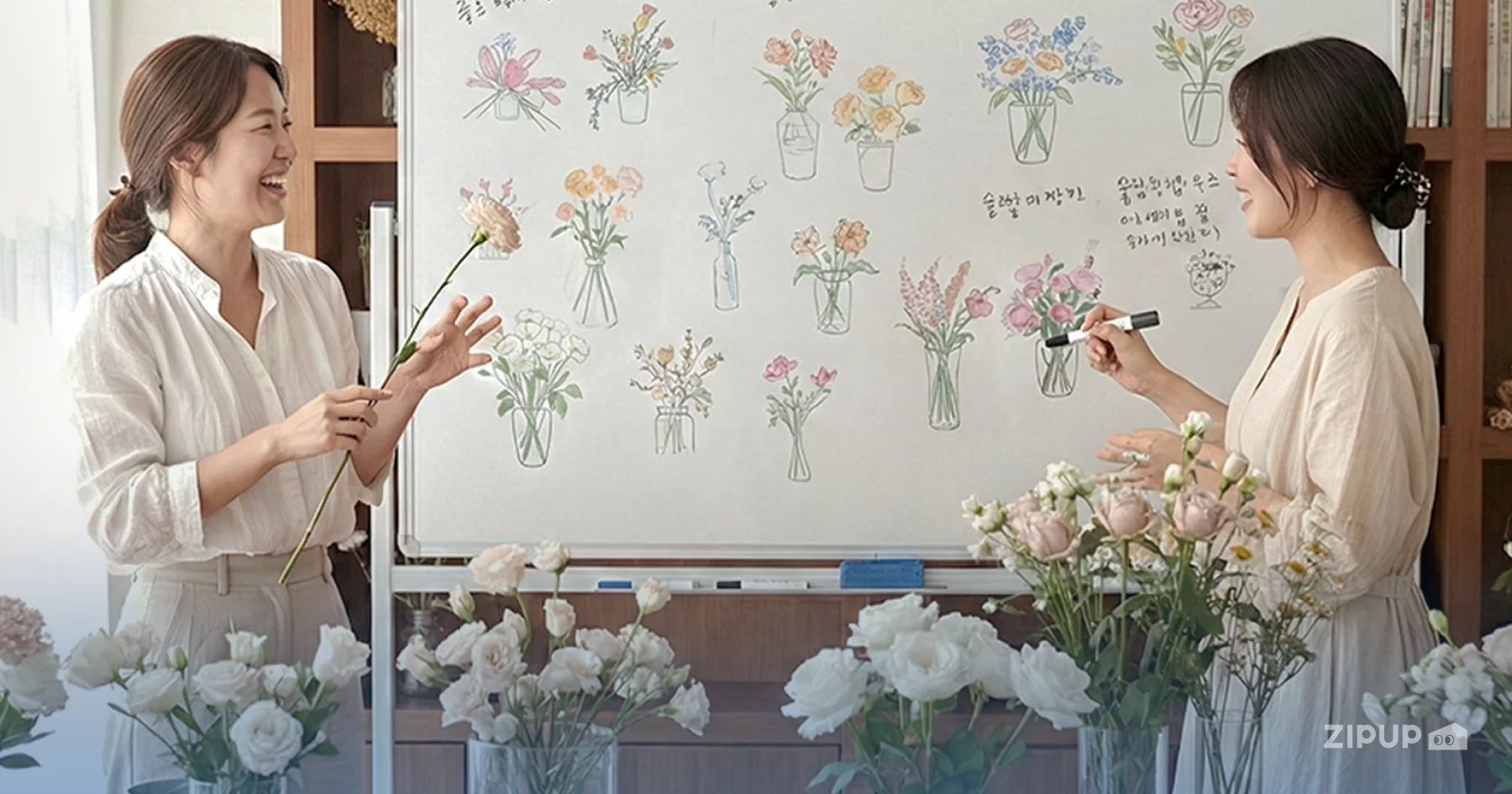 집에서도 계절을 느낄 수 있는 방법으로 플립플라워 꽃 구독 서비스를 소개하며, 제철 꽃 큐레이션과 사회적 가치, 간편한 이용 방식 안내