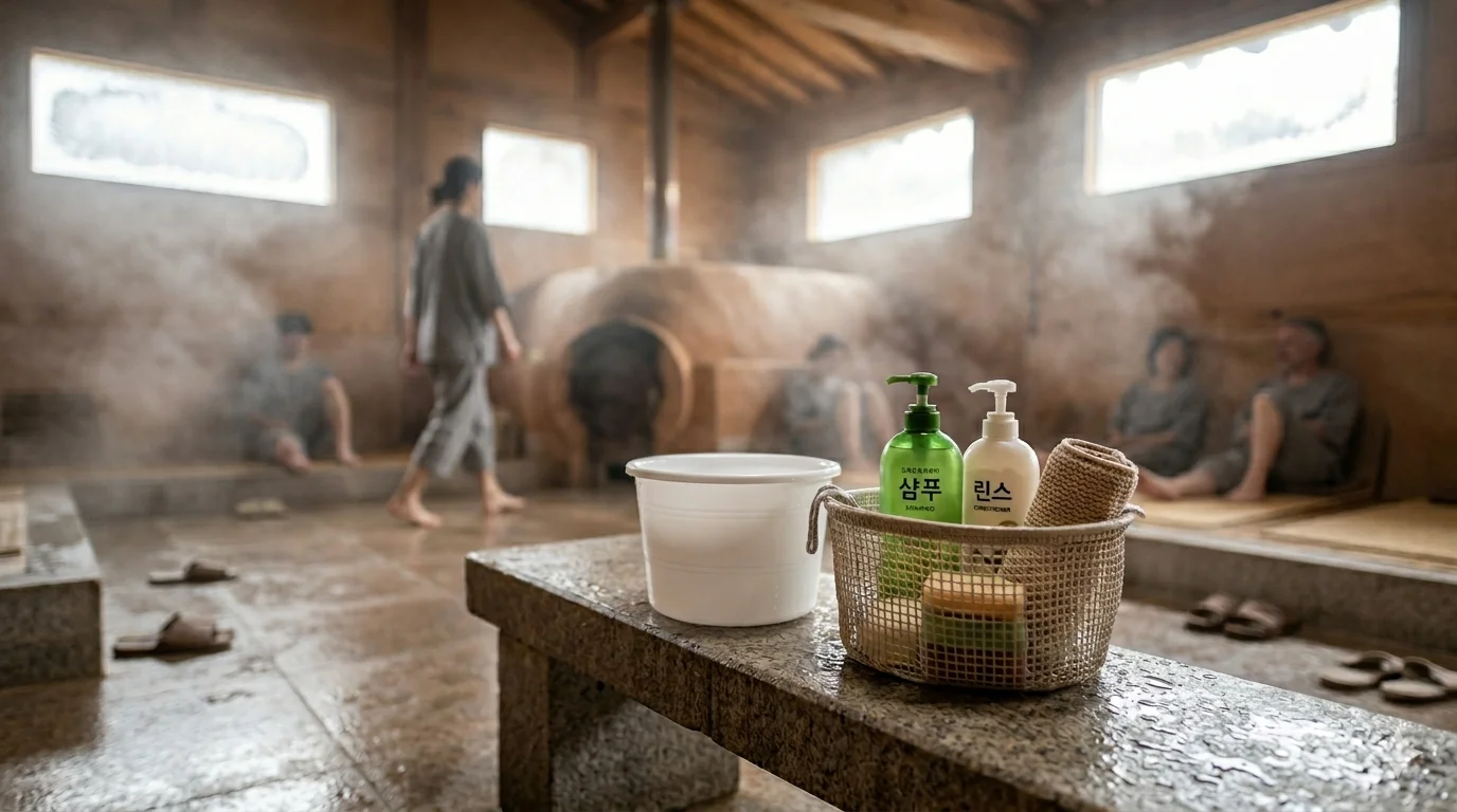 Toiletry basket and washbasin on a stone bench
