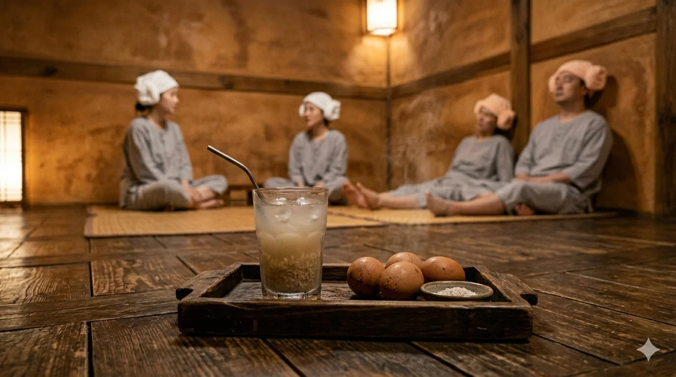 Wooden tray with Sikhye and eggs in sauna room
