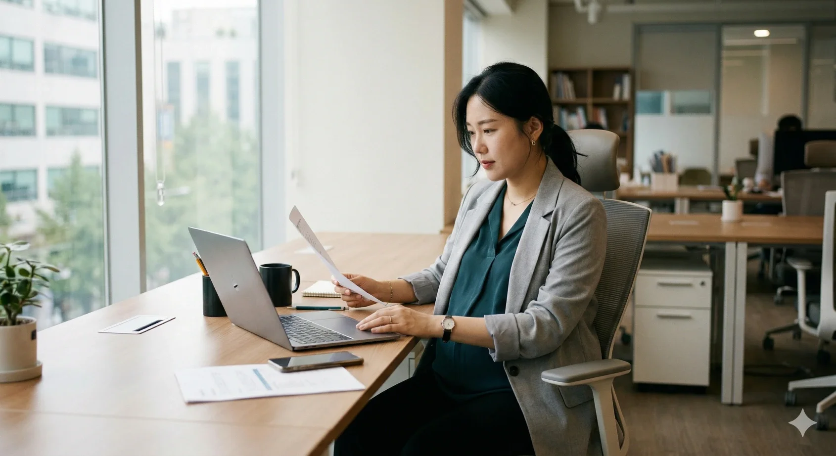 사무실에서 서류를 검토하는 임산부 근로자