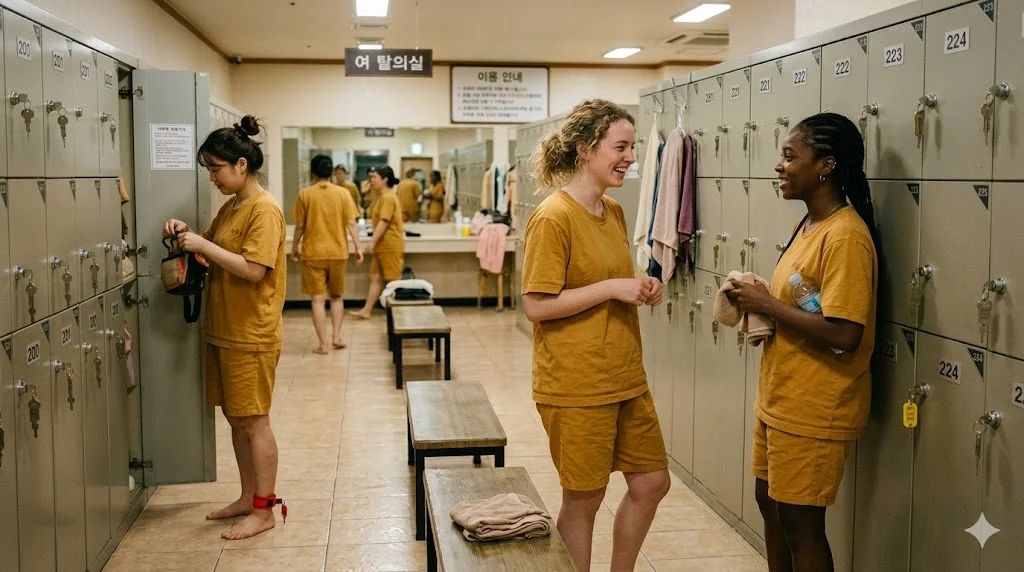 lockers inside a Korean bathhouse dressing room