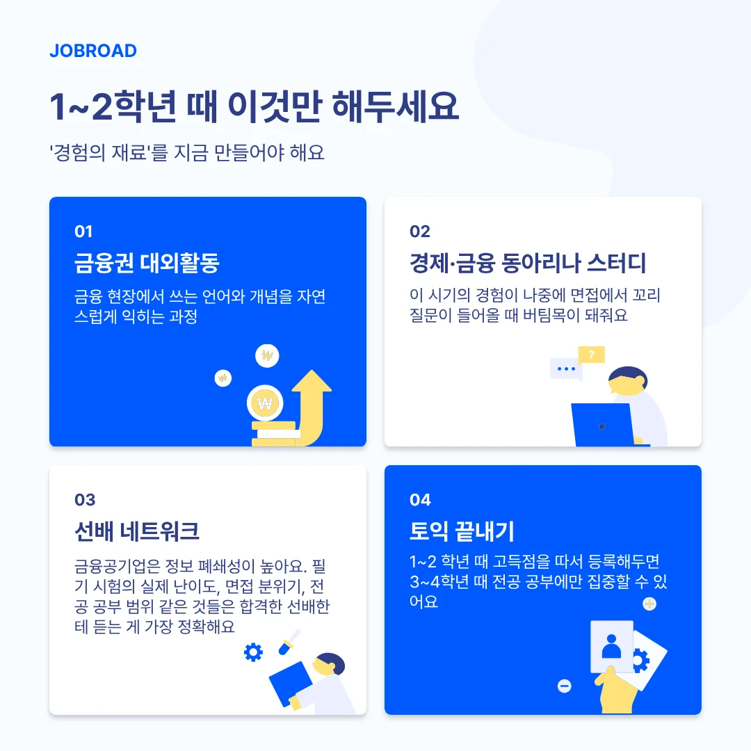 금융권 취업 준비 1~2학년 로드맵: 금융권 대외활동, 경제 금융 동아리, 선배 네트워크 구축, 토익 점수 미리 확보 안내