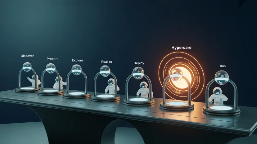 SAP Activate 프로젝트 라이프사이클에서 Hypercare 단계 위치 다이어그램  Discover Prepare Explore Realize Deploy Hypercare Run