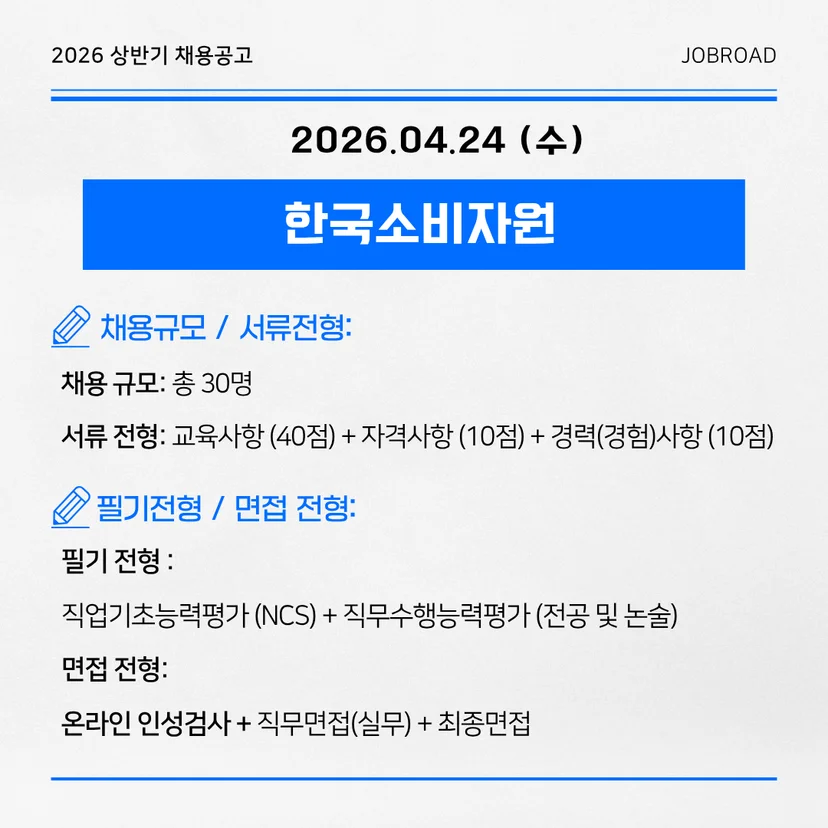 한국소비자원(KCA) — 2026년 1차 신입·경력 채용 (마감: 4.24)