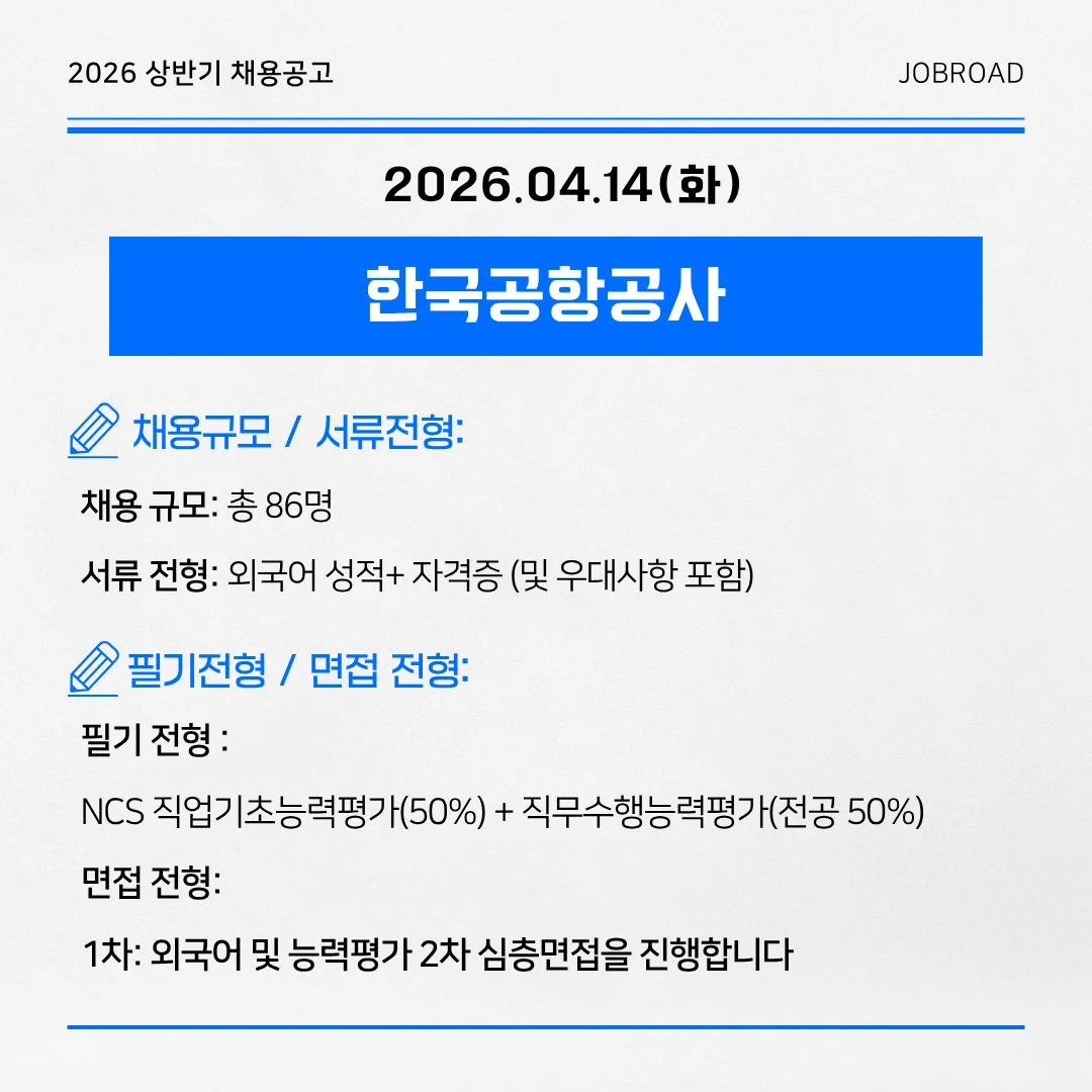 한국공항공사 2026년 상반기 신입사원(5급 갑) 채용